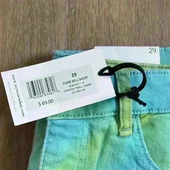 WE WORE WHAT LIME GREEN/SKY BLUE MIX, FLARE BELL CUT OFF SHORTS - Picture 3 of 3